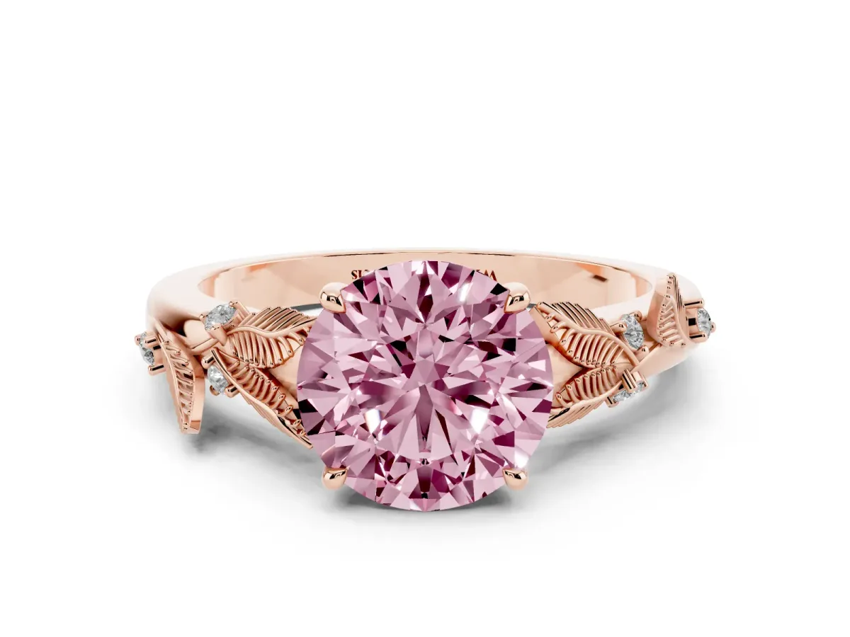 Fancy Pink Round Cut Diamond Solitaire Ring with Leaf Motif Band and Four-Prong Setting Rose gold