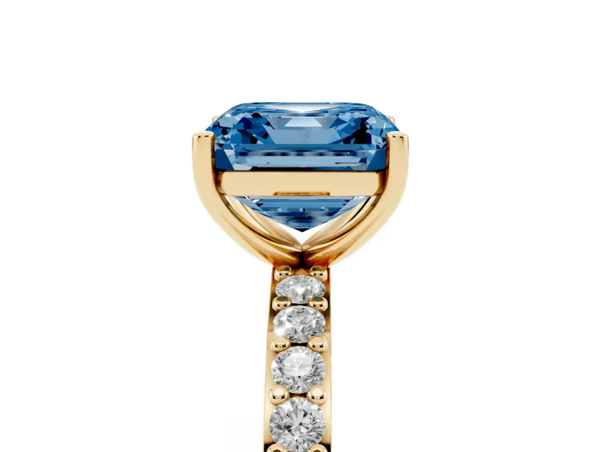 Fancy Blue Asscher Cut Cut Diamond Solitaire with Pave Band and Four-Prong Setting Yellow gold
