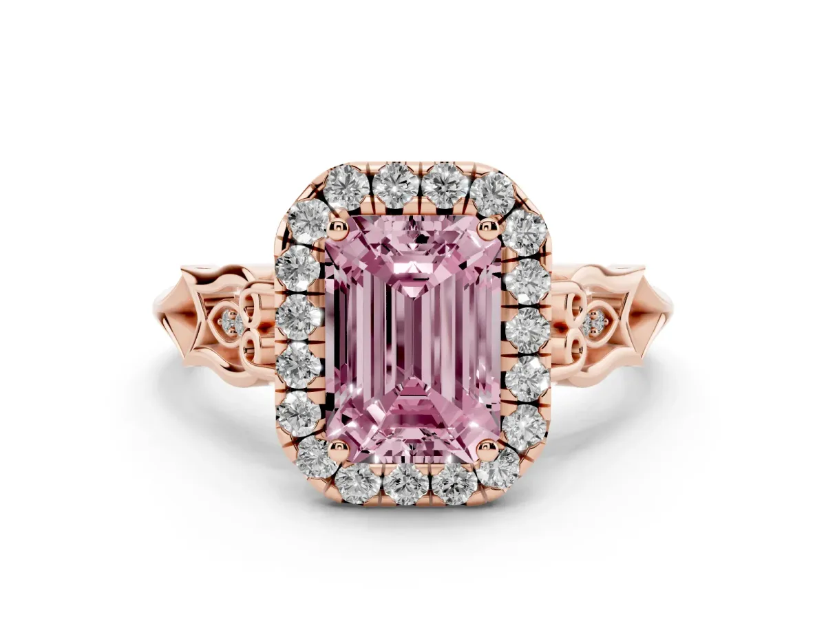 Fancy Pink Emerald Cut Halo Diamond Engagement Ring with Filigree Band and Four-Prong Setting Rose gold