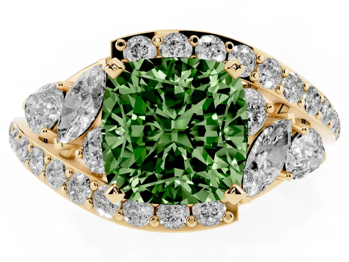 Fancy Green Cushion Cut Diamond Halo Ring with Marquise and Pavé Band in Prong Setting Yellow gold