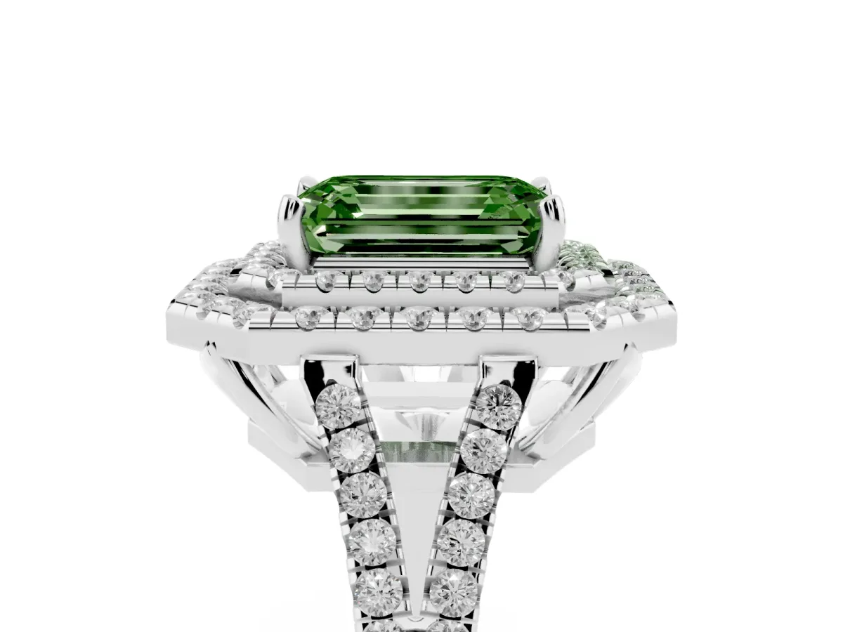 Fancy Green Emerald Cut Diamond Double Halo Ring with Pavé Band and Prong Setting Silver