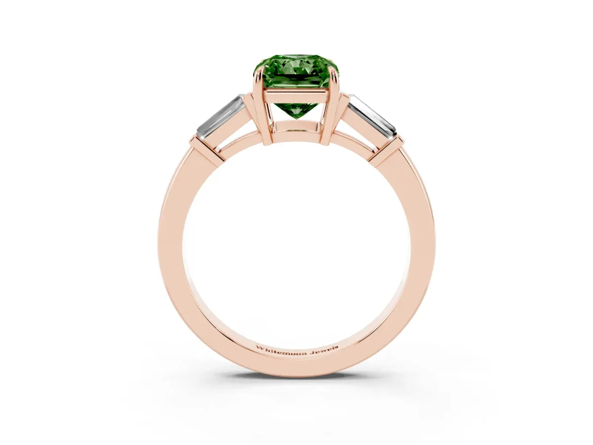 Fancy Green Radiant Cut Diamond Three-Stone Ring with Tapered Baguette Side Stones and Prong Setting Rose gold