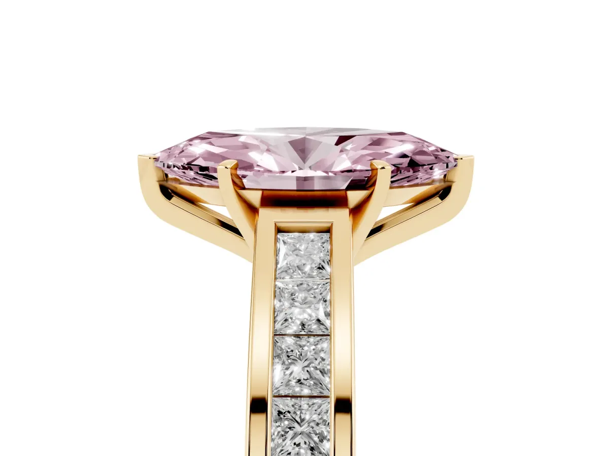 Fancy Pink Marquise Cut Solitaire Diamond Ring with Channel-Set Band and Four-Prong Setting Yellow gold