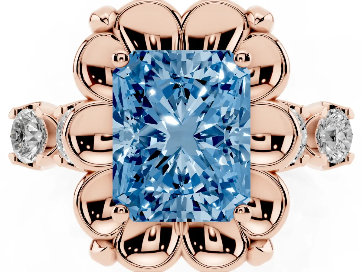Fancy Blue Radiant Cut Cut Diamond Floral Halo Engagement Ring with Shared Prong Setting Rose gold