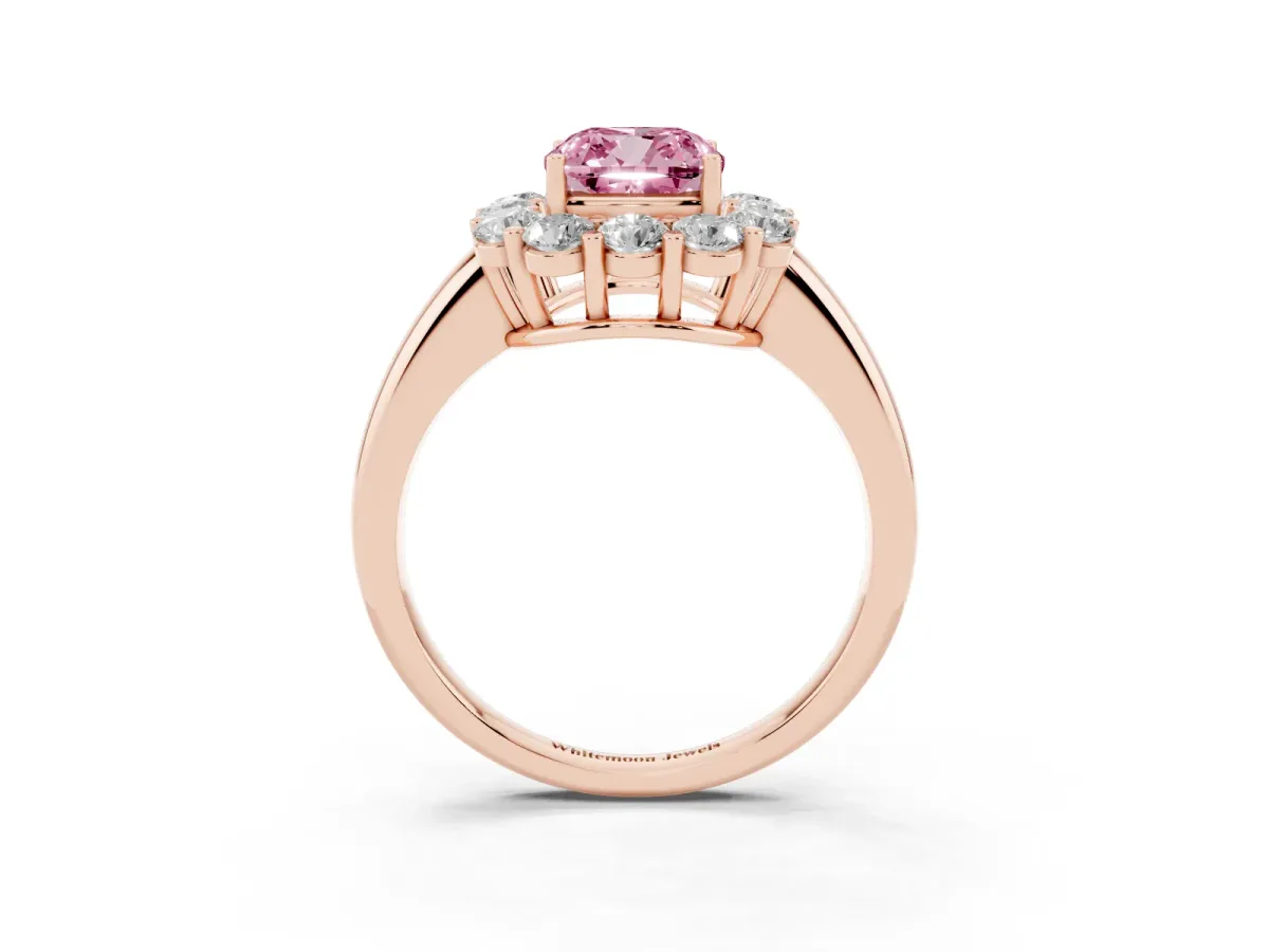 Fancy Pink Cushion Cut Halo Cluster Diamond Engagement Ring with Prong Setting and Polished Band Rose gold