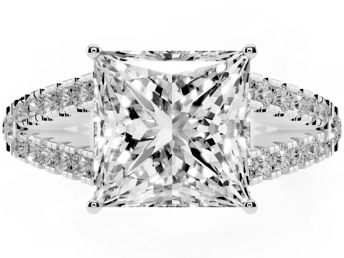Princess Cut Diamond Split Shank Engagement Ring with Round Pavé and Prong Setting Platinum