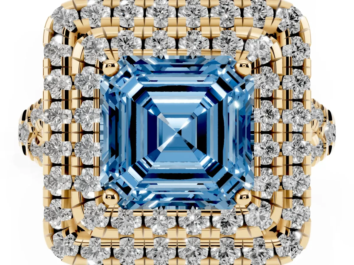 Fancy Blue Double Halo Asscher Cut Diamond Pavé Split Shank Ring with Prong Setting Yellow gold