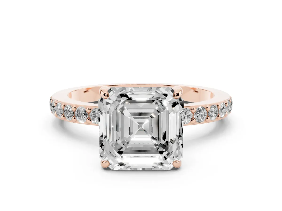 Asscher Cut Diamond Pavé Engagement Ring with Round Accents and Prong Setting Rose gold