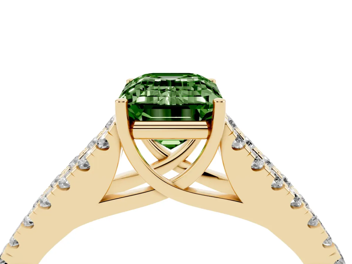 Fancy Green Emerald Cut Diamond Split Shank Pavé Engagement Ring with Four-Prong Setting Yellow gold