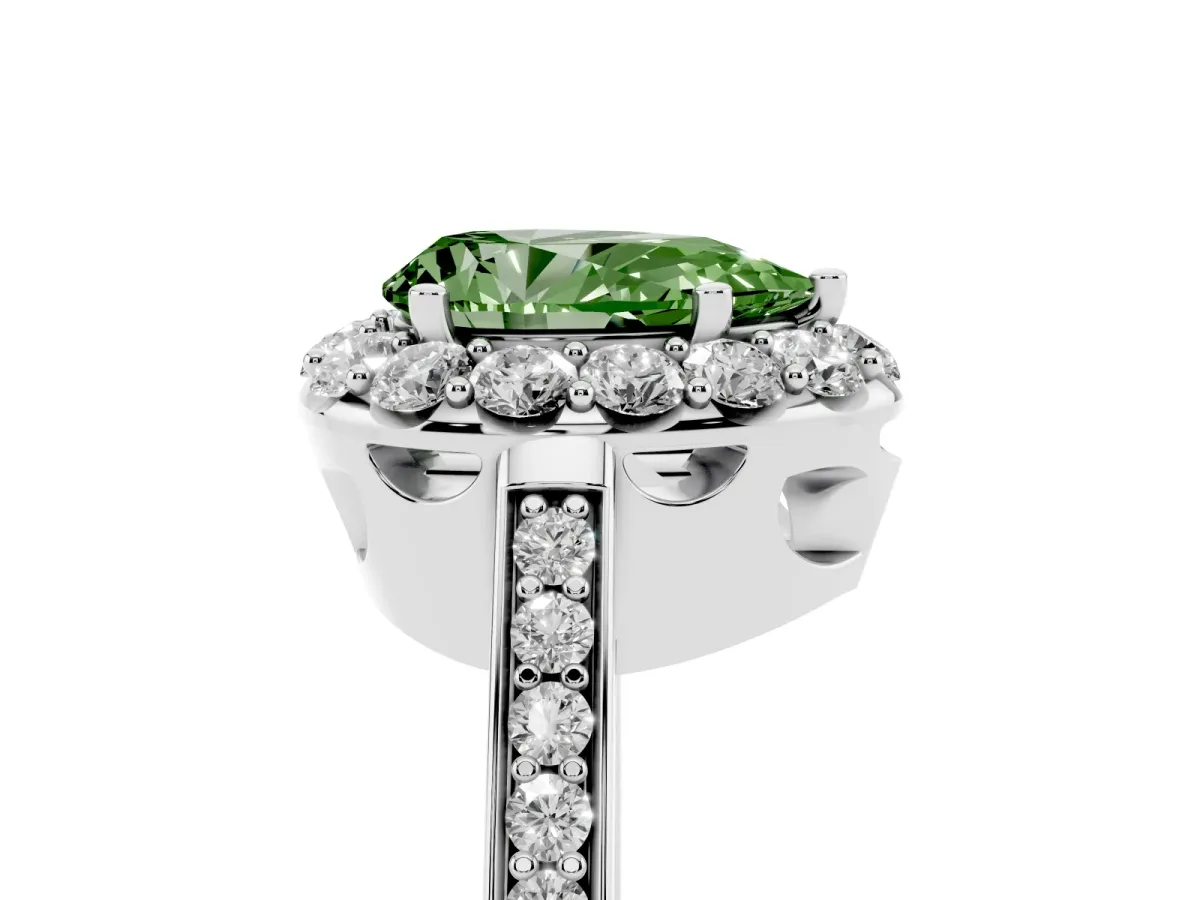 Fancy Green Pear Cut Diamond Floral Halo Ring with Pavé Band and Prong Setting White gold