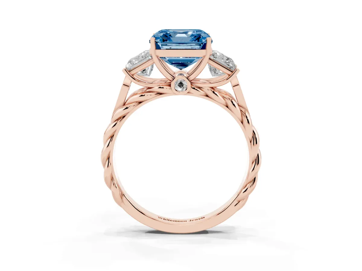 Fancy Blue Three-Stone Asscher Cut Diamond Braided Band Ring with Four-Prong Setting Rose gold