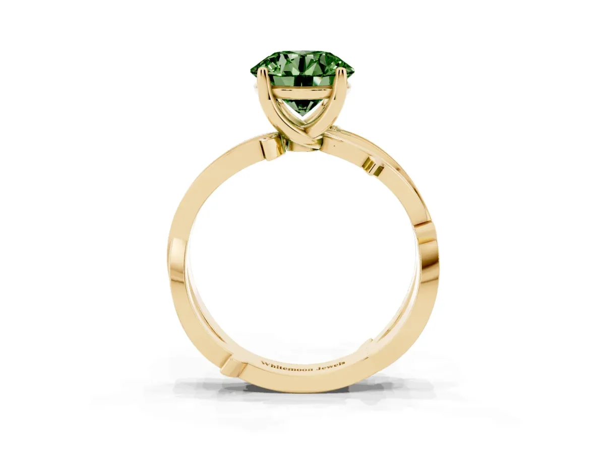 Fancy Green Round Cut Solitaire Twist Band with Pavé Accents and Four-Prong Setting Yellow gold
