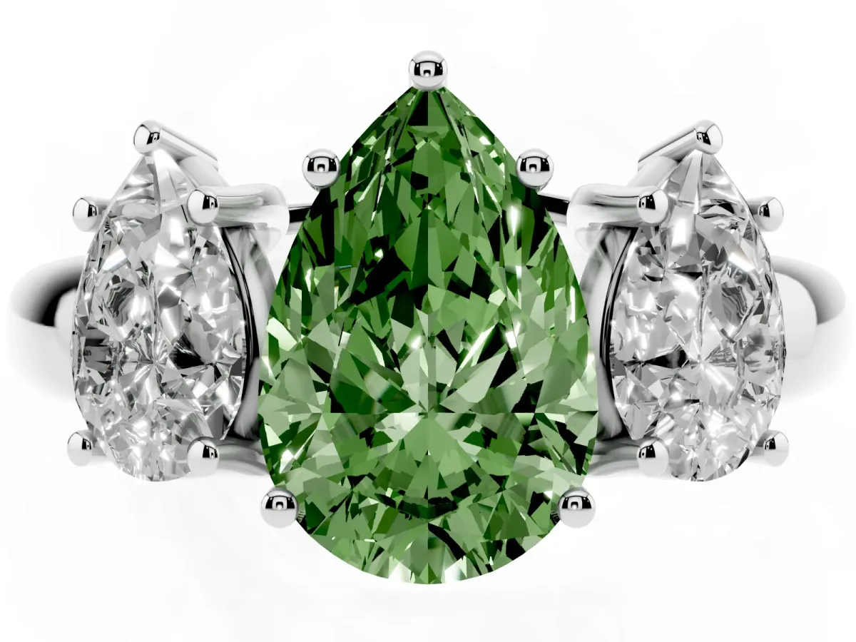 Fancy Green Three-Stone Pear Cut Diamond Engagement Ring with Prong Setting Platinum