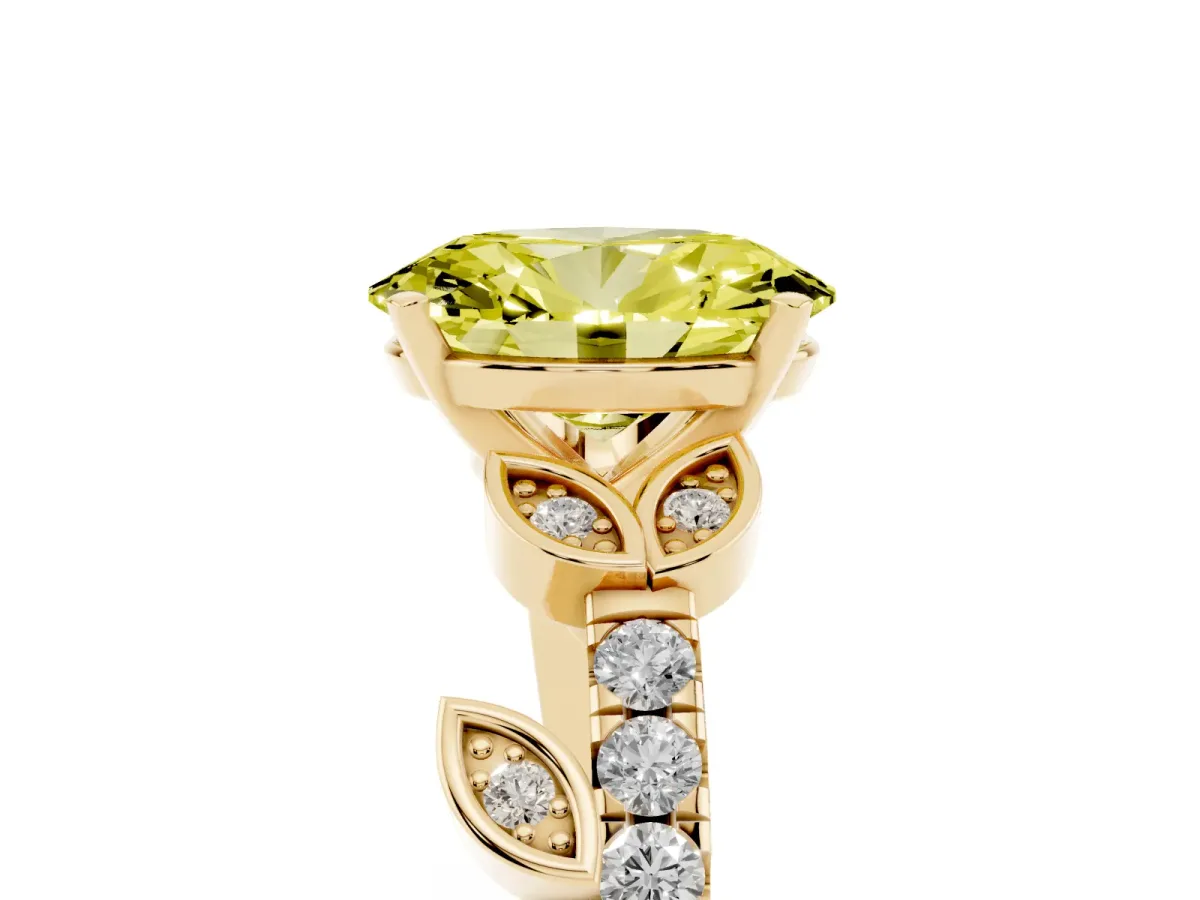 Fancy Yellow Oval Cut Solitaire Leaf-Inspired Diamond Ring with Pavé Band and Four-Prong Setting Yellow gold