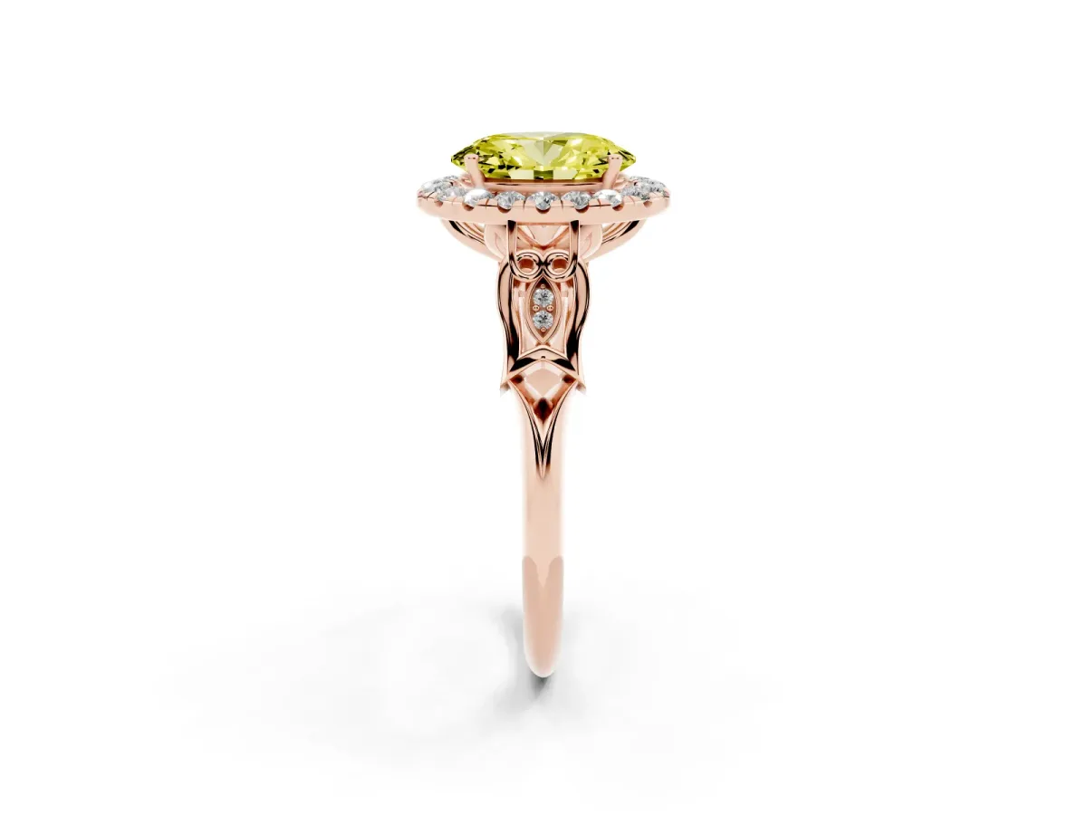 Fancy Yellow Oval Cut Halo Diamond Engagement Ring with Filigree Band and Four-Prong Setting Rose gold