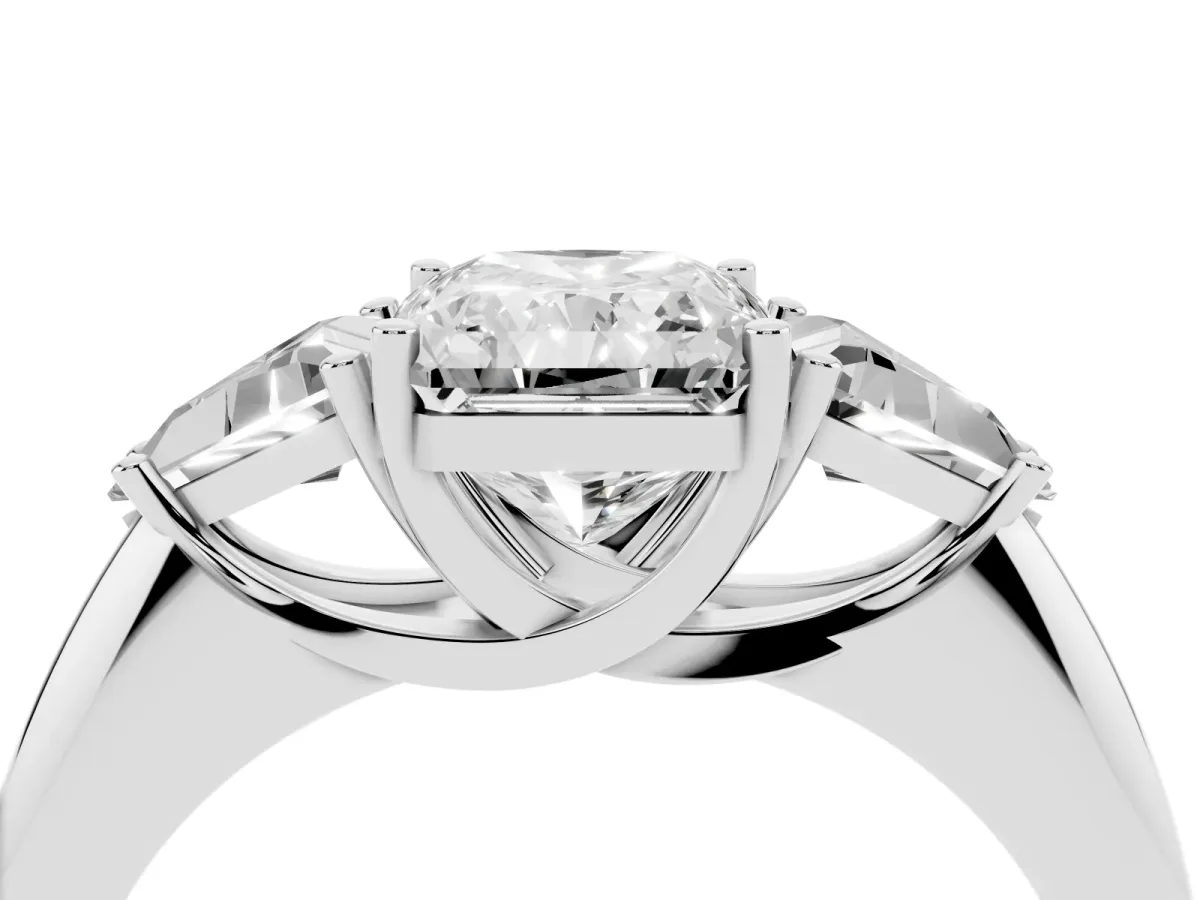 Three-Stone Radiant Cut Diamond Engagement Ring with Trillion Side Stones and Prong Setting Silver