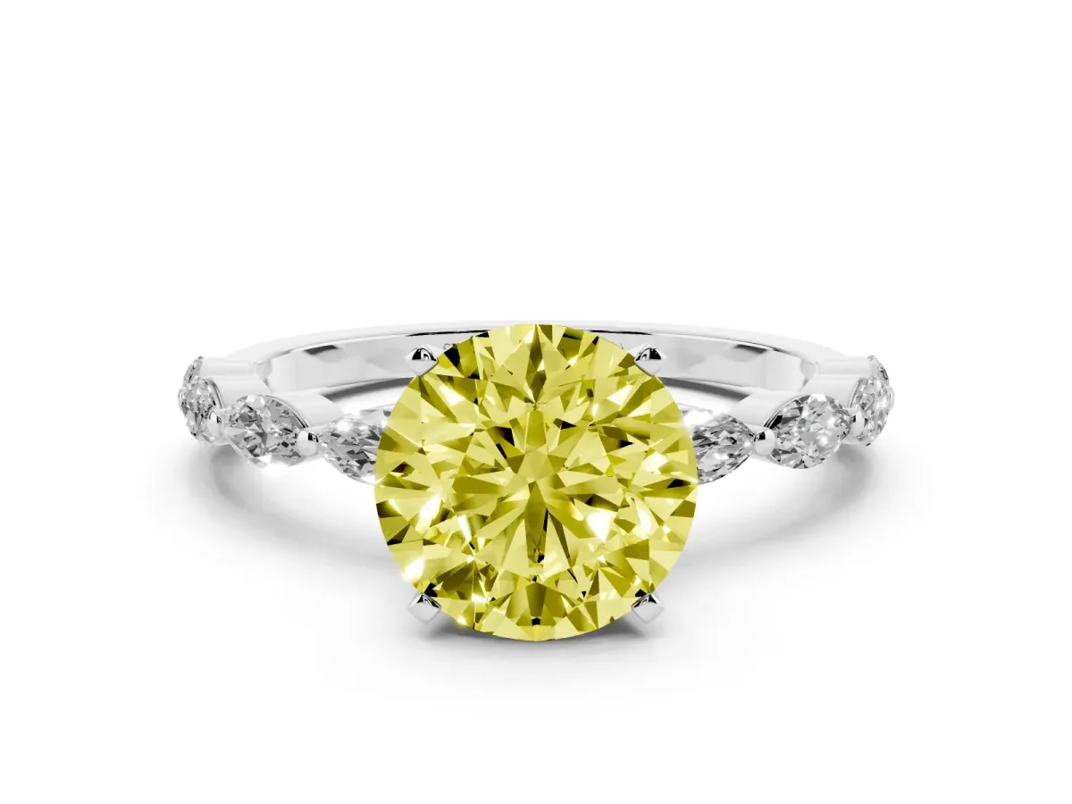 Fancy Yellow Round Cut Diamond Ring with Marquise Side Stones and Prong Setting Silver