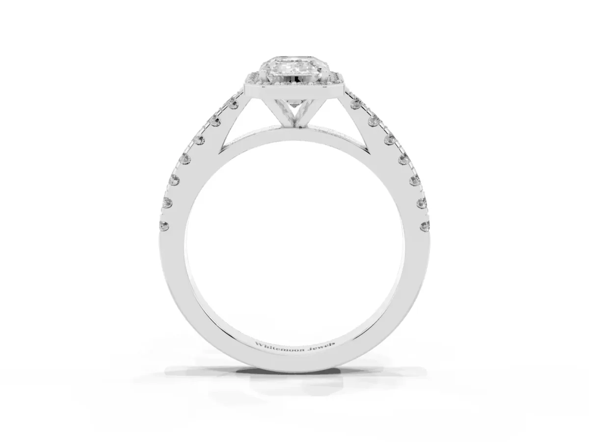 Emerald Cut Cut Halo Diamond Engagement Ring with Pave Band and Four-Prong Setting White gold