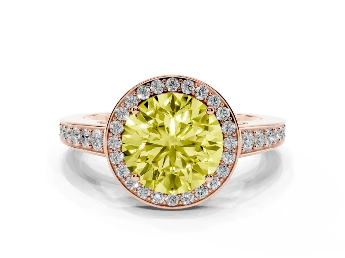 Fancy Yellow Round Cut Halo Pavé Diamond Engagement Ring with Bezel Setting Rose gold