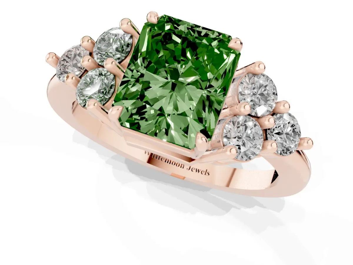 Fancy Green Radiant Cut Brilliant Diamond Cluster Accent Solitaire Ring with Prong Setting Rose gold