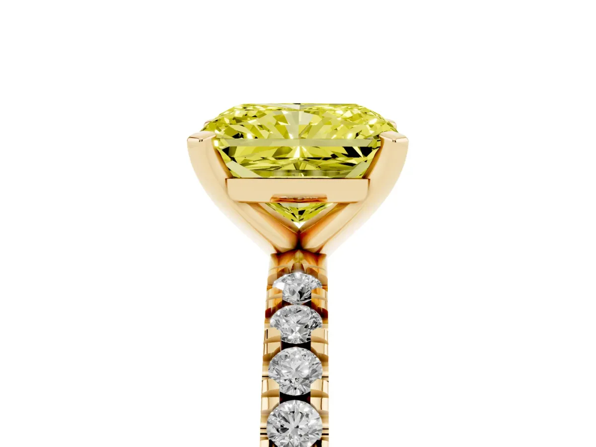 Fancy Yellow Radiant Cut Diamond Pavé Band Solitaire with Four-Prong Setting Yellow gold