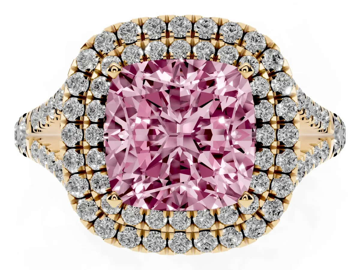 Fancy Pink Cushion Cut Diamond Pavé Split Shank Double Halo Engagement Ring Yellow gold