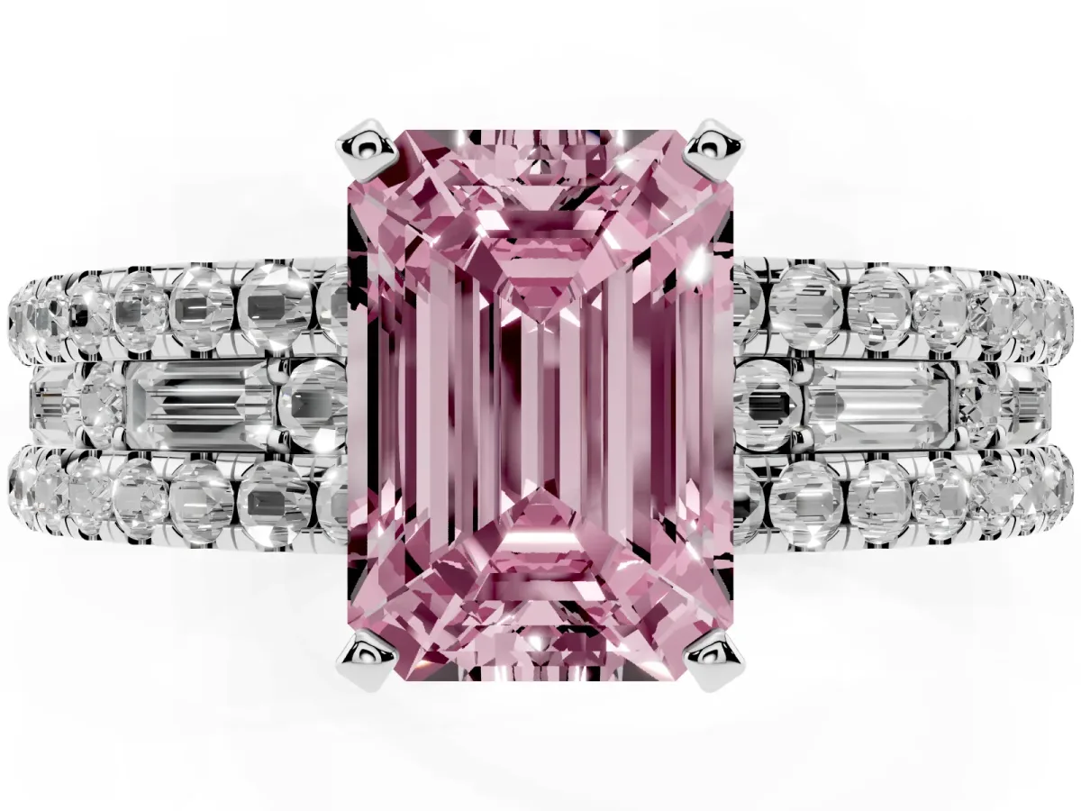 Fancy Pink Emerald Cut Diamond Solitaire Ring with Pavé and Channel Set Band Silver