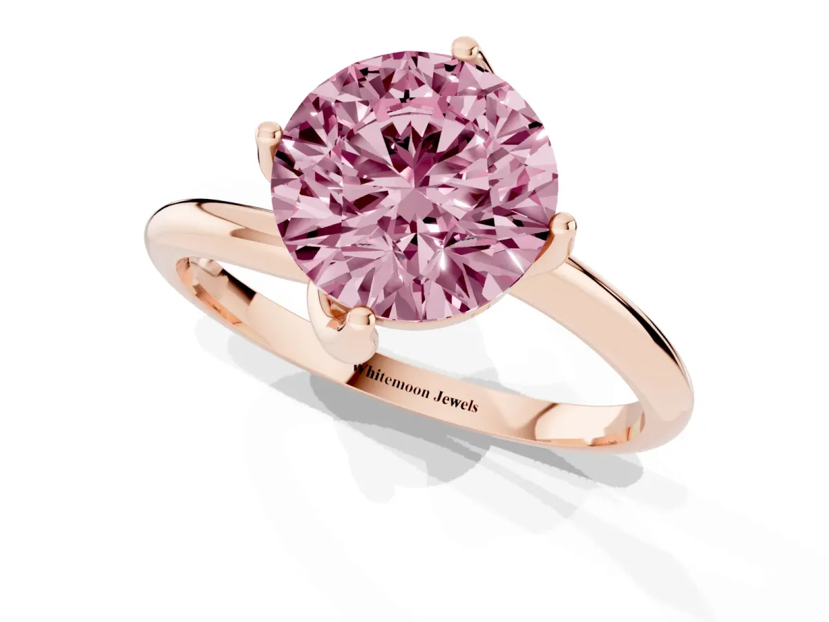 Fancy Pink Round Cut Diamond Solitaire Engagement Ring with Four-Prong Setting and Classic Band Rose gold