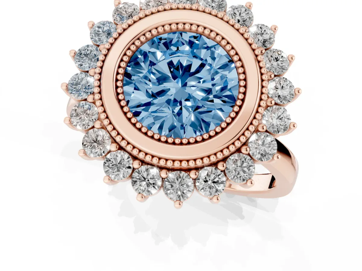 Fancy Blue Round Cut Halo Diamond Ring with Milgrain Edge and Round Prong Setting Rose gold