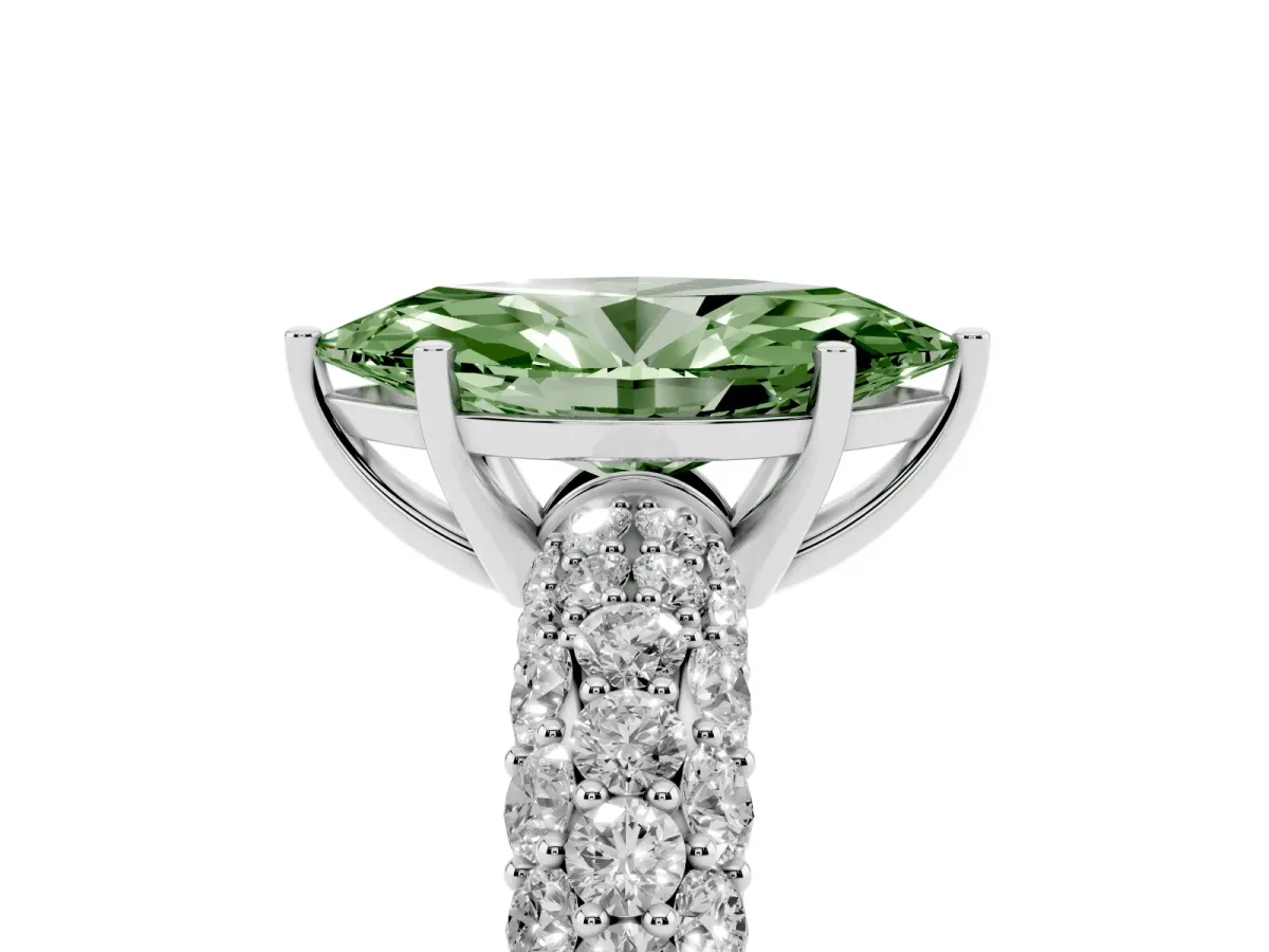 Fancy Green Marquise Cut Diamond Pavé Band Solitaire Ring with Four-Prong Setting Silver