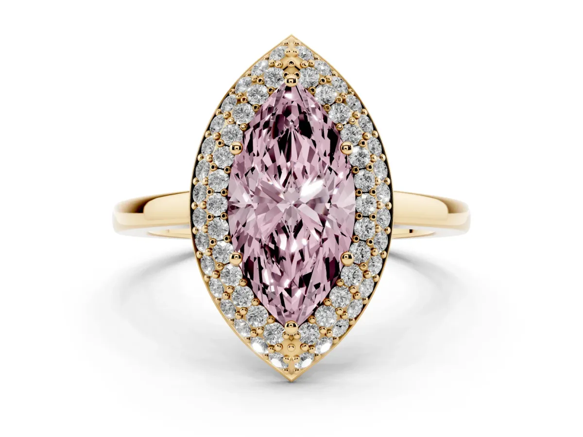 Fancy Pink Marquise Cut Halo Diamond Engagement Ring with Solitaire Band and Four-Prong Setting Yellow gold