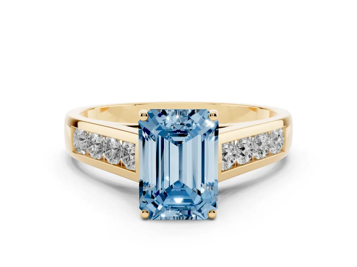 Fancy Blue Emerald Cut Solitaire Channel-Set Diamond Engagement Ring with Four-Prong Setting Yellow gold