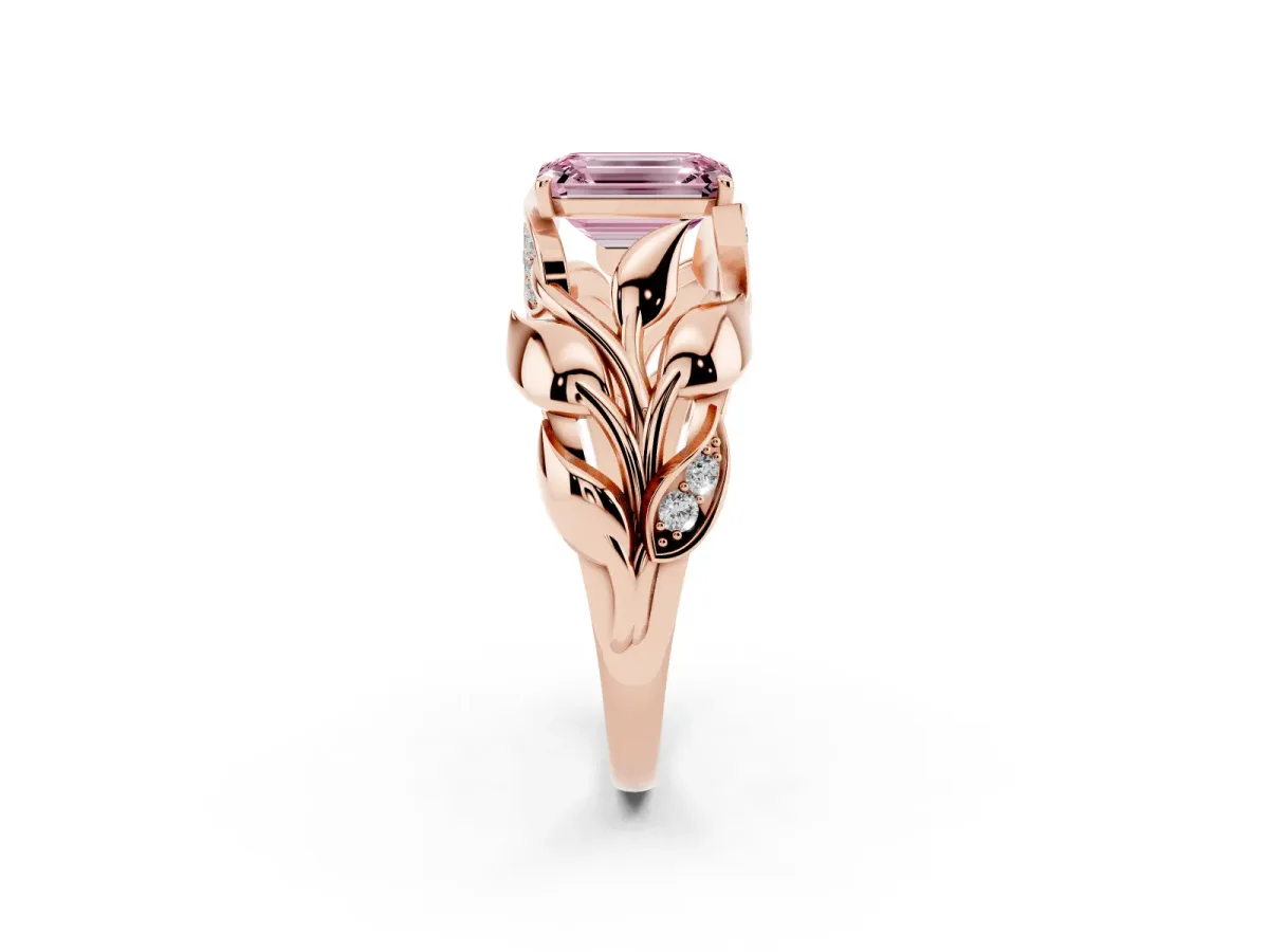Fancy Pink Emerald Cut Diamond Leaf-Inspired Engagement Ring with Round Accents and Prong Setting Rose gold