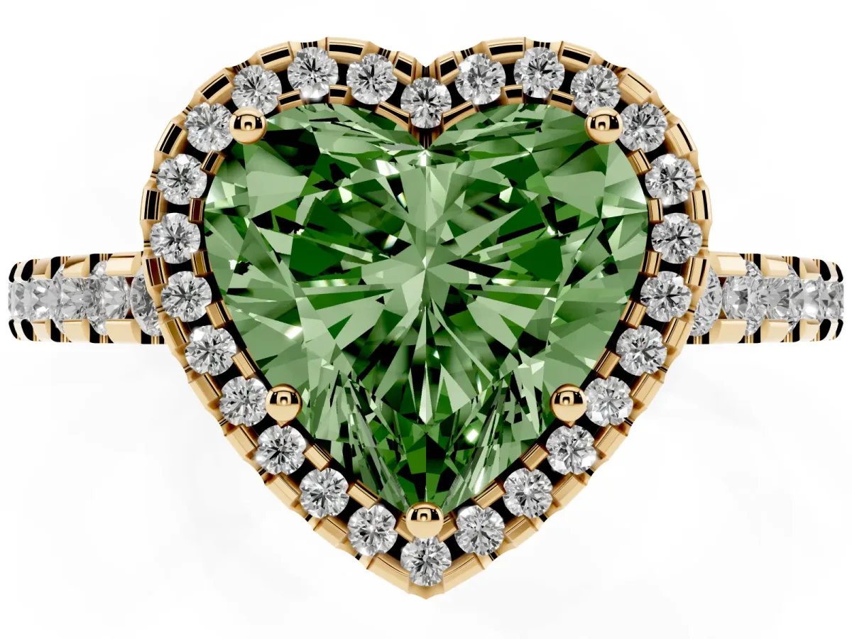Fancy Green Heart Cut Diamond Halo Engagement Ring with Pavé Band and Prong Setting Yellow gold