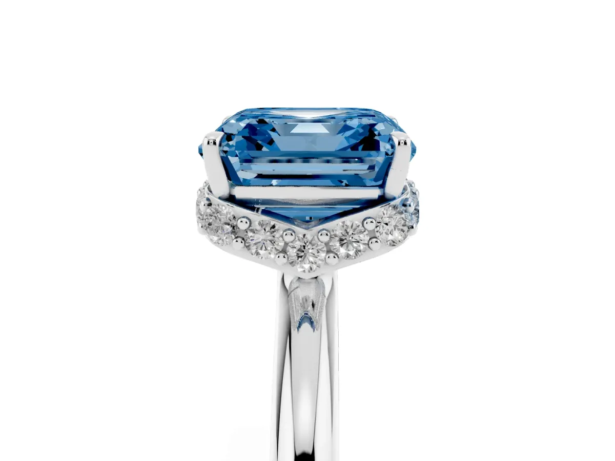 Fancy Blue Asscher Cut Brilliant Solitaire Engagement Ring with Six-Prong Setting and Classic Band Silver