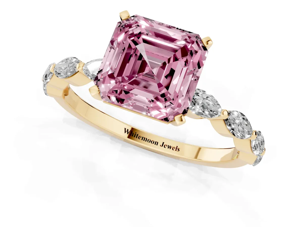 Fancy Pink Asscher Cut Diamond Ring with Marquise Side Stones and Prong Setting Yellow gold