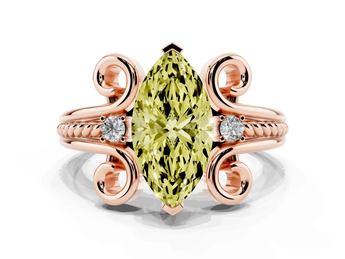Fancy Yellow Marquise Cut Solitaire Twisted Band Scroll Prong Ring Rose gold