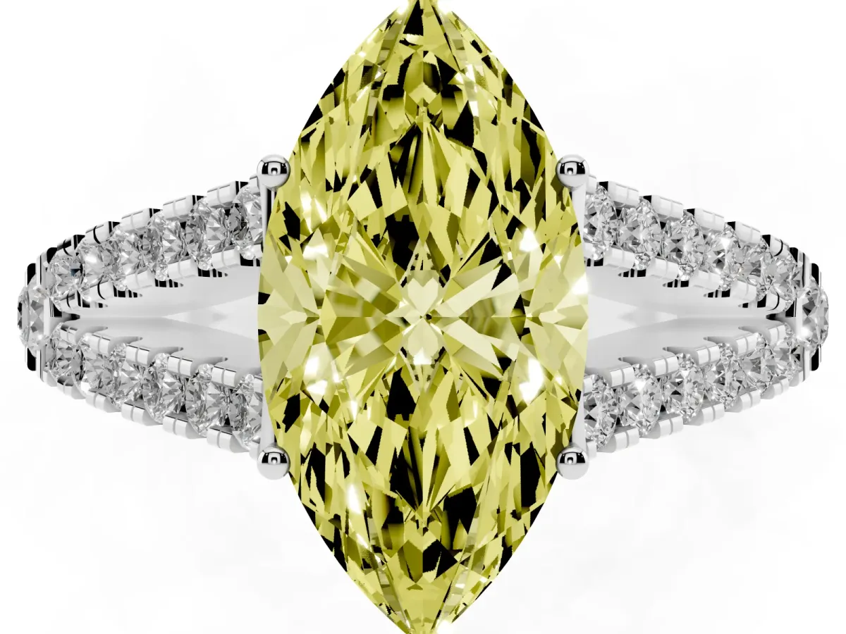 Fancy Yellow Marquise Cut Diamond Split Shank Engagement Ring with Round Pavé and Prong Setting Silver