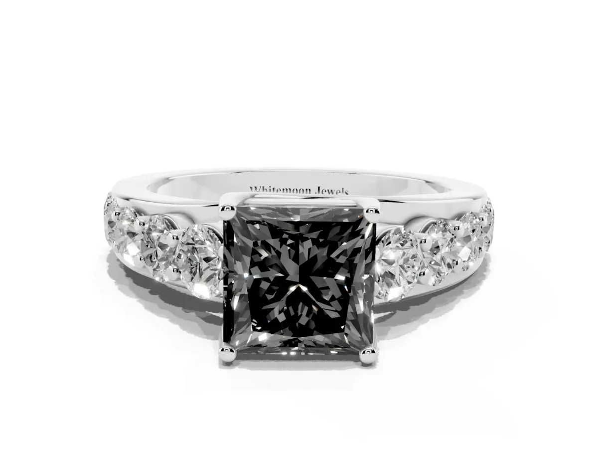 Fancy Black Princess Cut Diamond Engagement Ring with Pavé Band and Four-Prong Setting Platinum