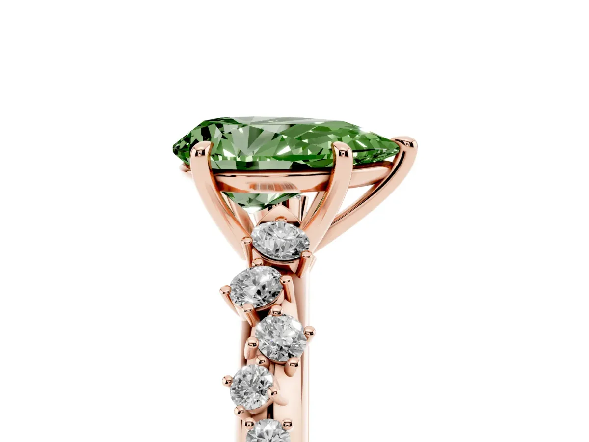 Fancy Green Pear Cut Diamond Cluster Side Stone Solitaire Ring with Prong Setting Rose gold
