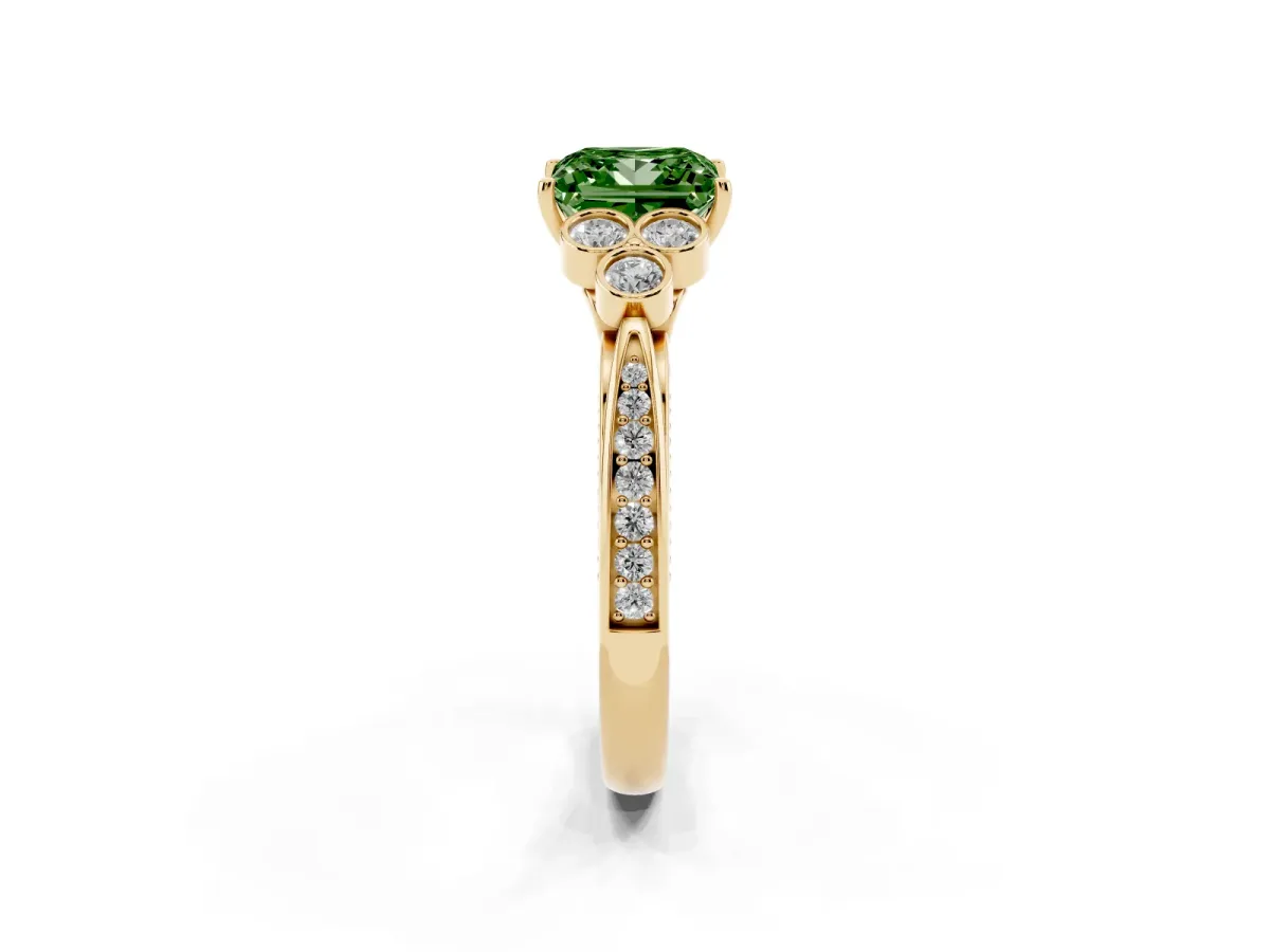 Fancy Green Princess Cut Cut Diamond Engagement Ring with Bezel Set Round Side Stones and Prong Setting Yellow gold