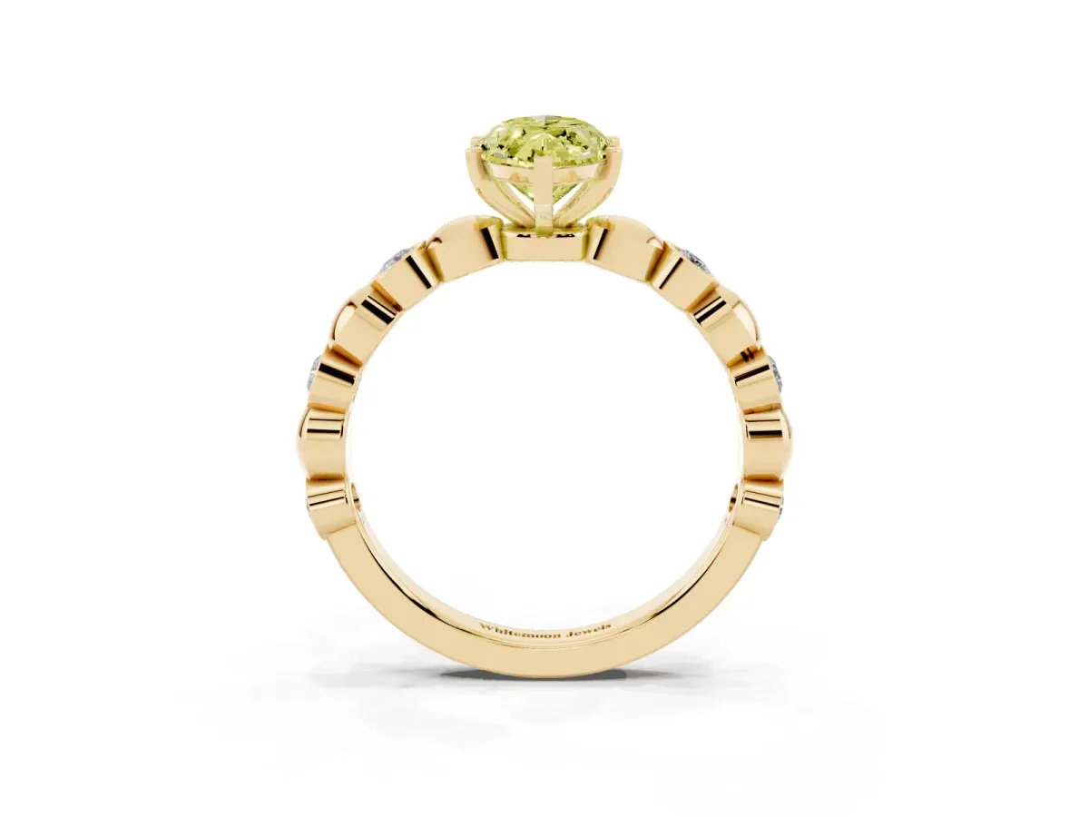 Fancy Yellow Marquise Cut Solitaire Bezel-Set Diamond Ring with Beaded Band and Four-Prong Setting Yellow gold