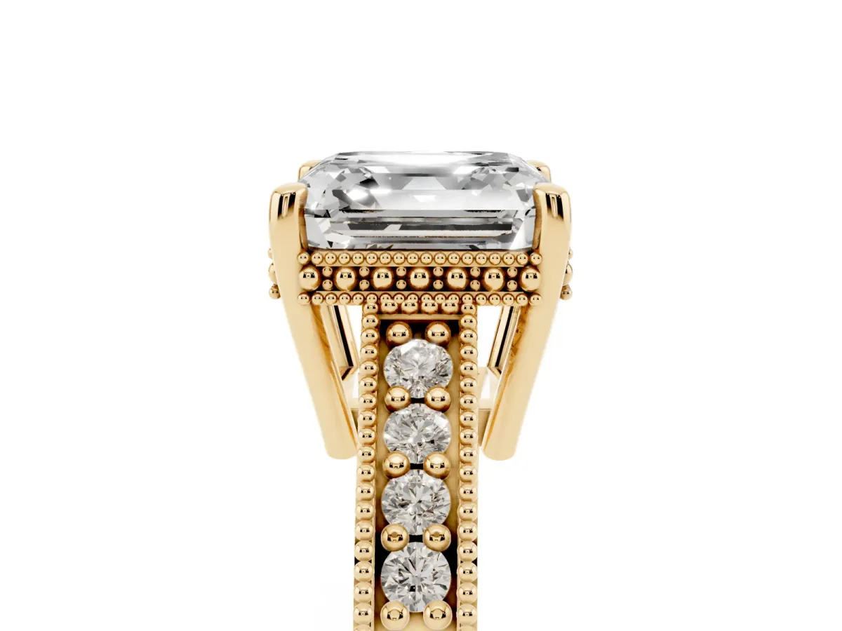 Asscher Cut Solitaire Pavé Diamond Milgrain Engagement Ring with Four-Prong Setting Yellow gold