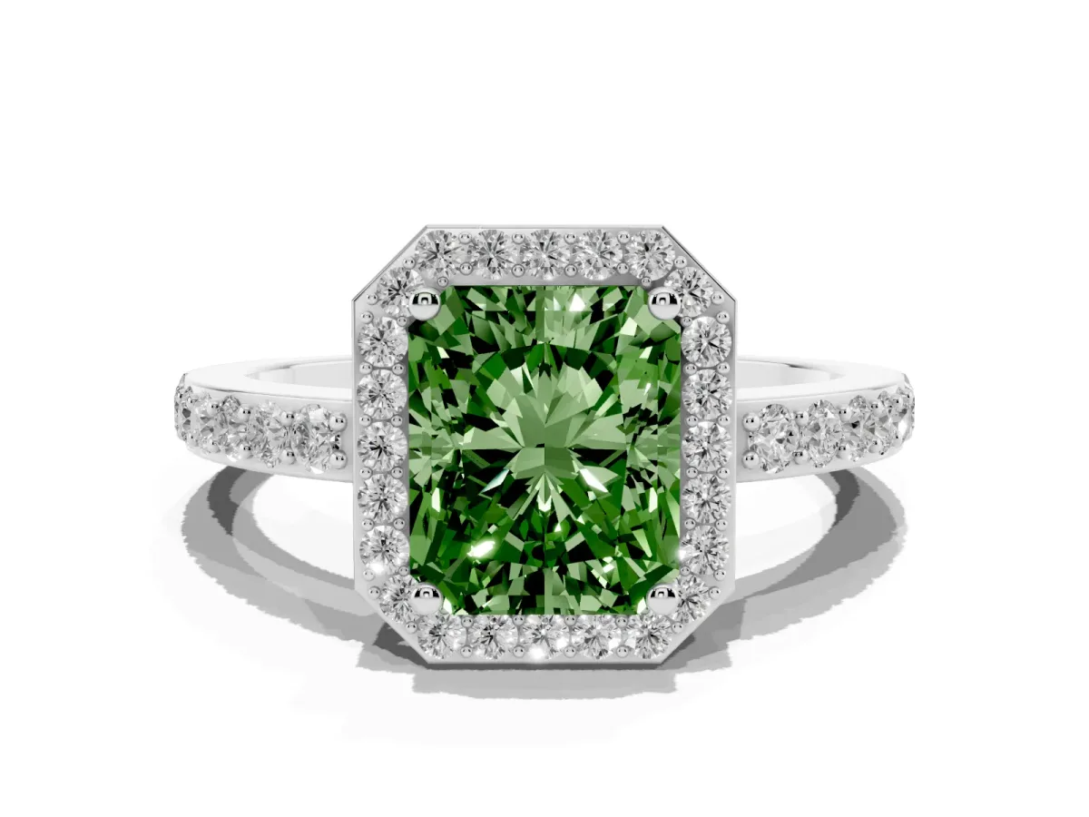Fancy Green Radiant Cut Halo Diamond Pavé Band Ring with Prong Setting Silver