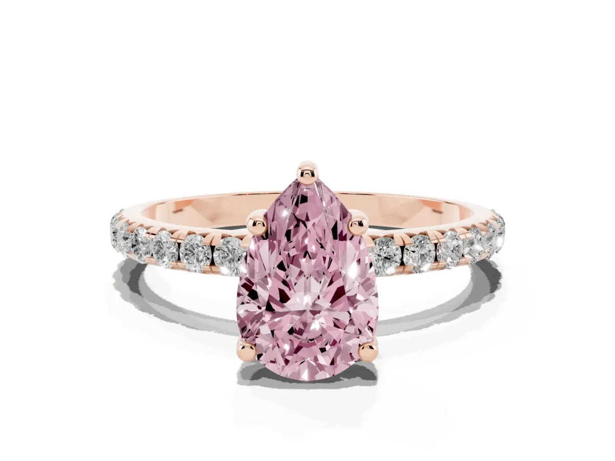 Fancy Pink Pear Cut Cut Diamond Solitaire Ring with Micro Pave Band and Four Prong Setting Rose gold
