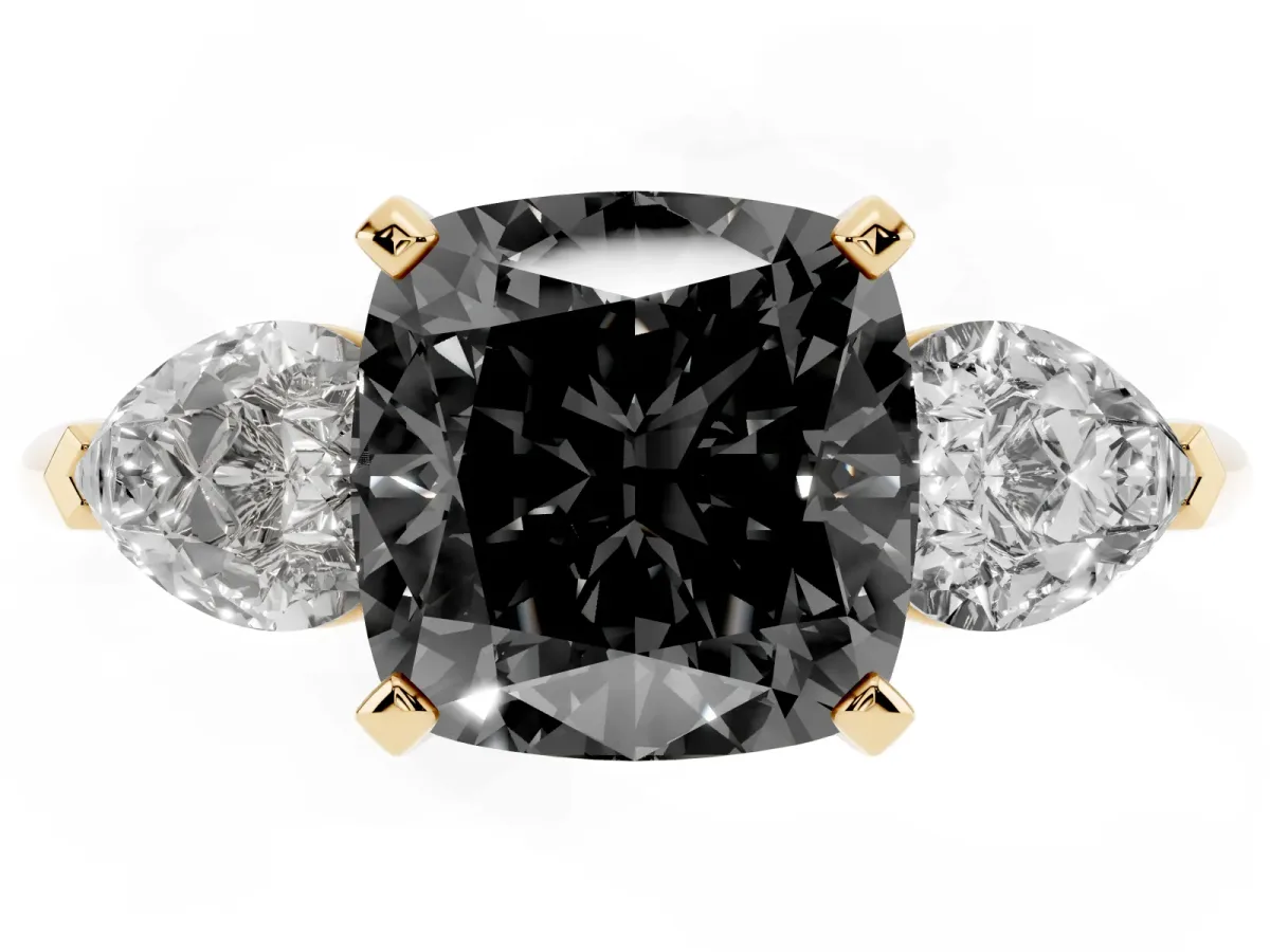 Fancy Black Three-Stone Cushion Cut Diamond Ring with Pear Side Stones and Four-Prong Setting Yellow gold