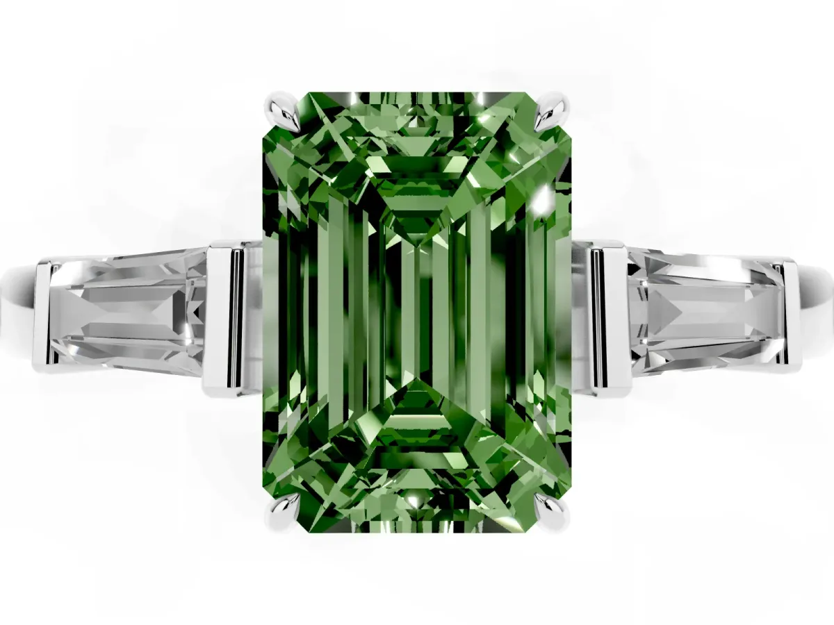Fancy Green Emerald Cut Diamond Three-Stone Ring with Tapered Baguette Side Stones and Prong Setting Silver
