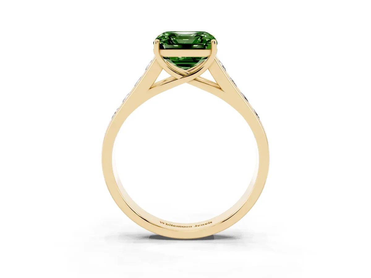Fancy Green Asscher Cut Solitaire Channel-Set Diamond Engagement Ring with Four-Prong Setting Yellow gold