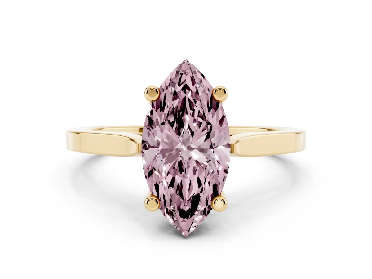 Fancy Pink Marquise Cut Solitaire Diamond Ring with Four-Prong Setting and Tapered Band Yellow gold