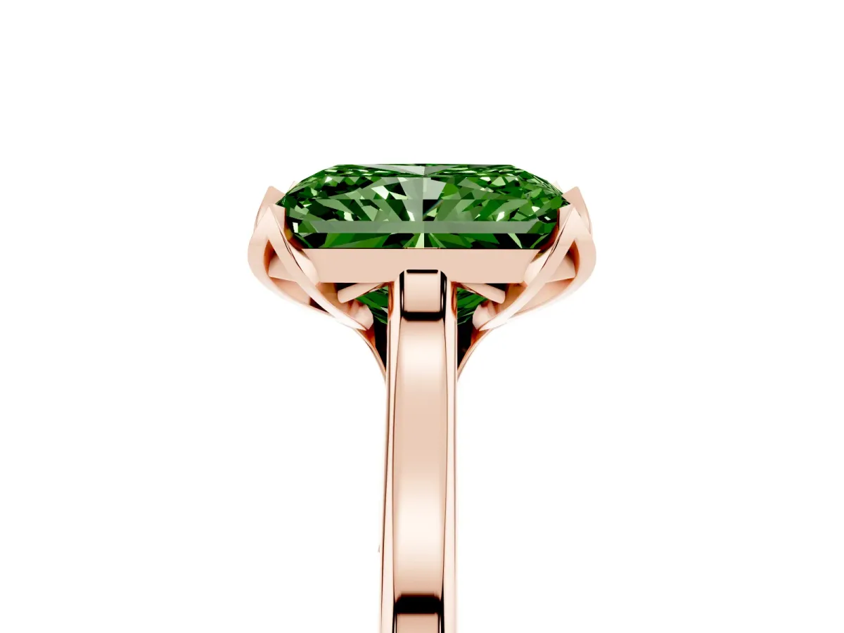 Fancy Green Radiant Cut Diamond Solitaire Ring with Flower Prong Setting and Classic Band Rose gold